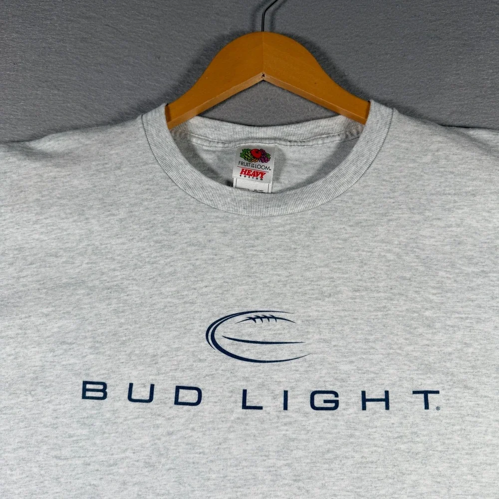 Vintage Bud Light Football Graphic T-Shirt Mens XL Gray Fruit of the Loom Heavy